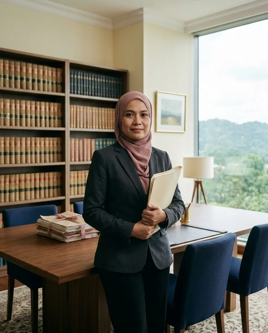 Puan Nur Amirah Yusof bertudung merah jambu dan berkot kelabu gelap, memegang fail di tepi tingkap pejabat