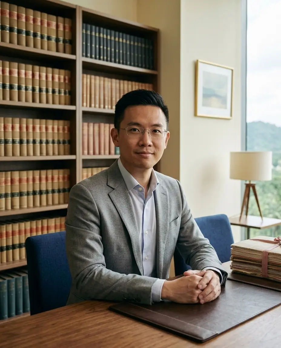 Encik David Tan Wei Liang berkaca mata dan bersut kelabu, duduk di meja mesyuarat kayu walnut