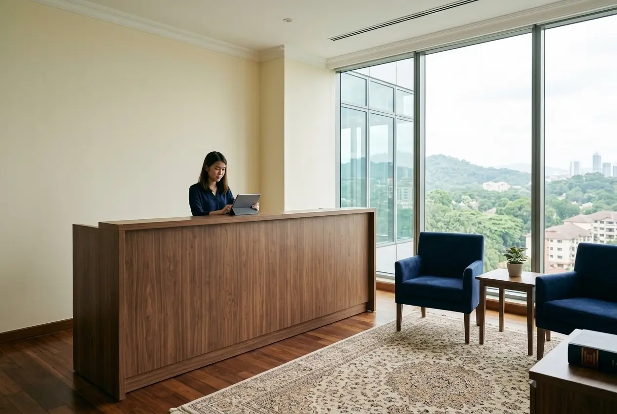 Ruang penyambut tetamu Adil & Partners, dengan kaunter kayu walnut dan dua kerusi berlengan biru tua
